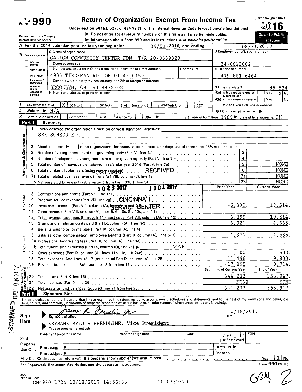 Image of first page of 2016 Form 990 for Galion Community Center Foundation