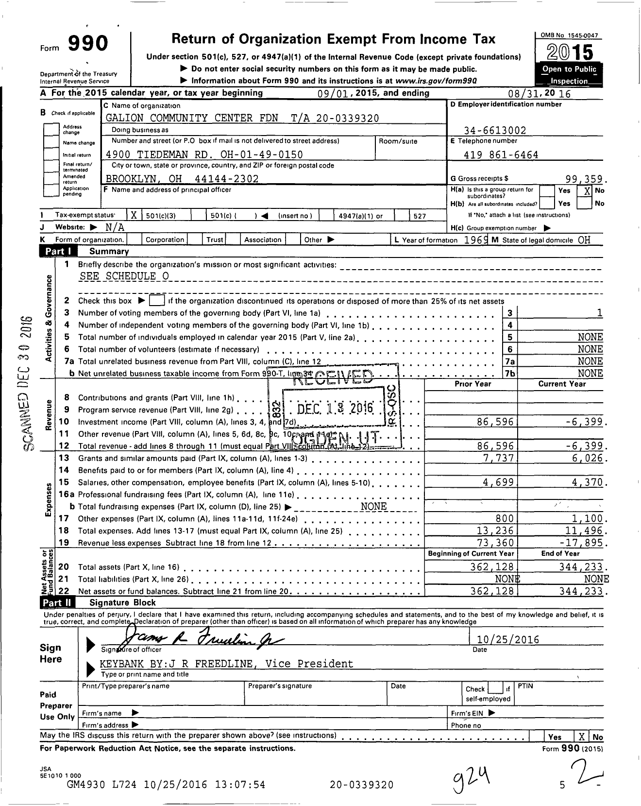 Image of first page of 2015 Form 990 for Galion Community Center Foundation