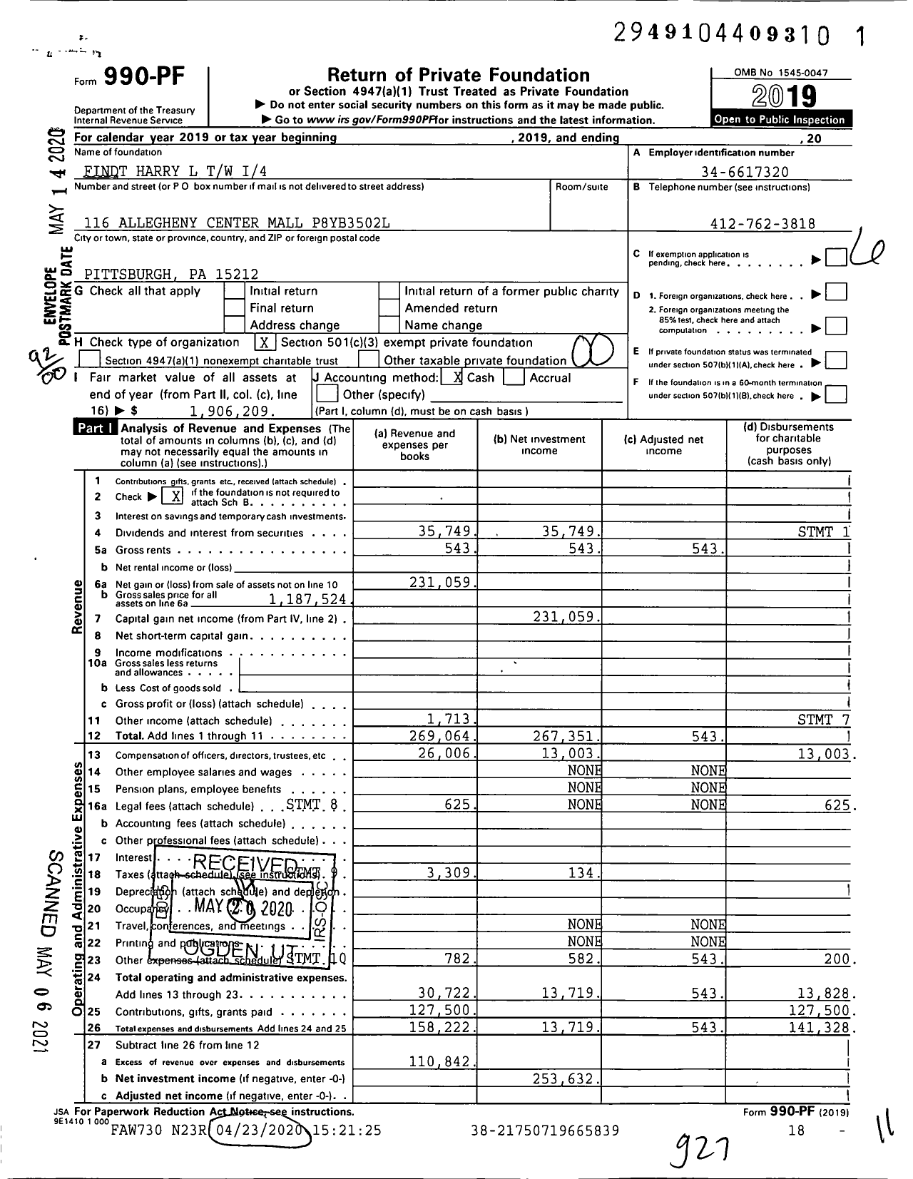 Image of first page of 2019 Form 990PF for Findt Harry L TW I4