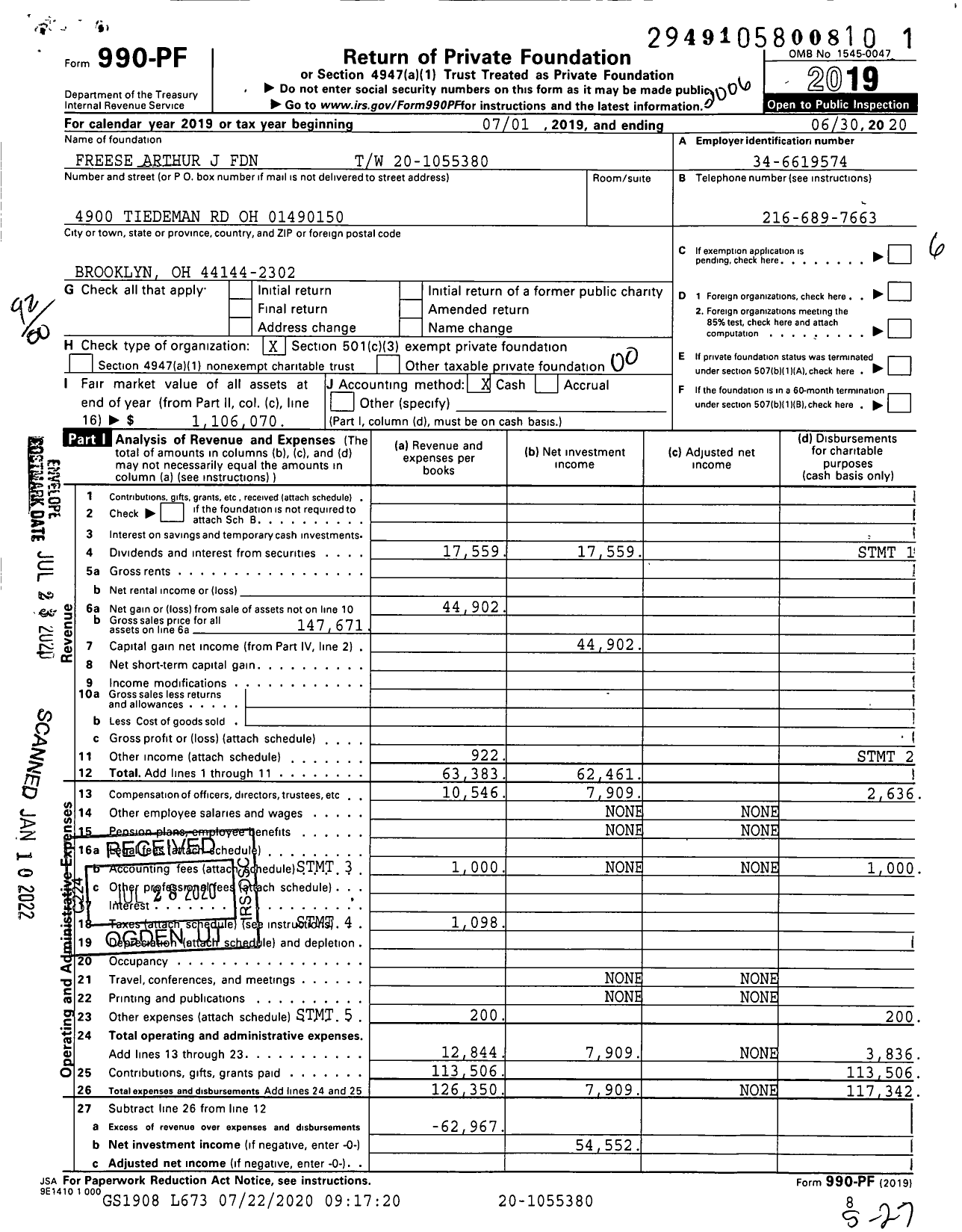 Image of first page of 2019 Form 990PF for Freese Arthur J Foundation TW