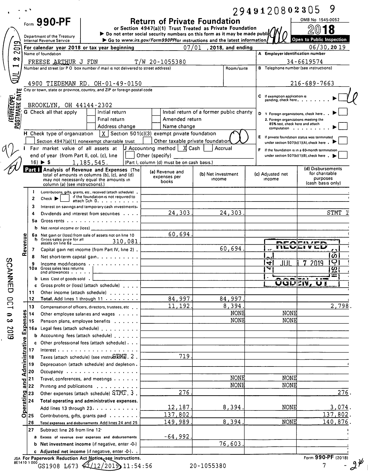 Image of first page of 2018 Form 990PF for Freese Arthur J Foundation TW