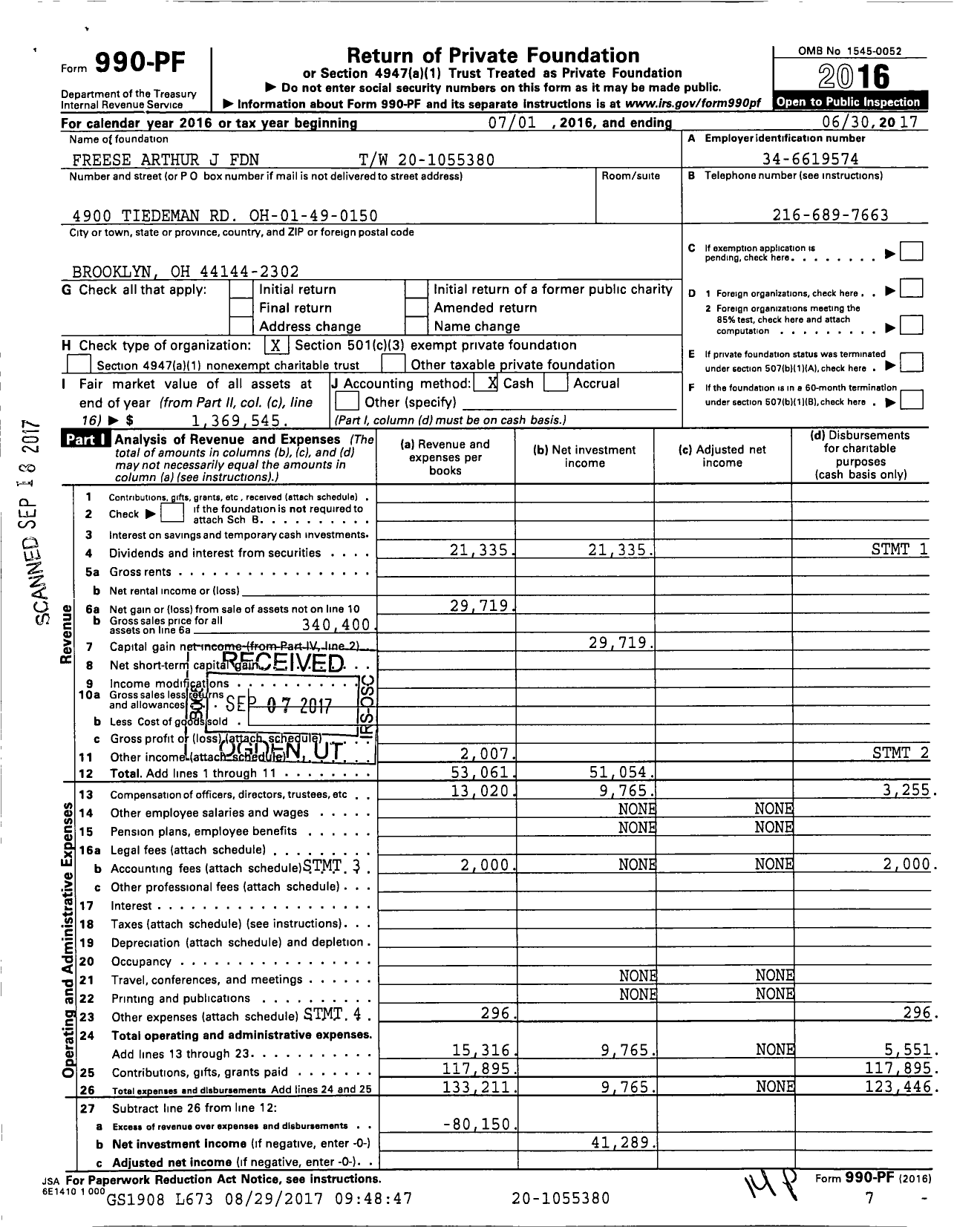 Image of first page of 2016 Form 990PF for Freese Arthur J Foundation TW