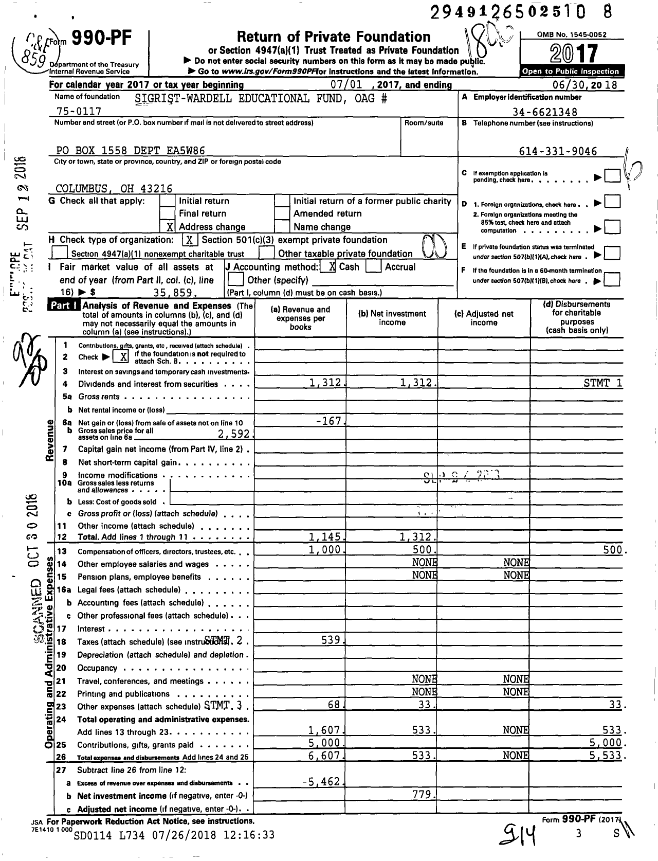 Image of first page of 2017 Form 990PF for Sigrist-Wardell Educational Fund Oag #