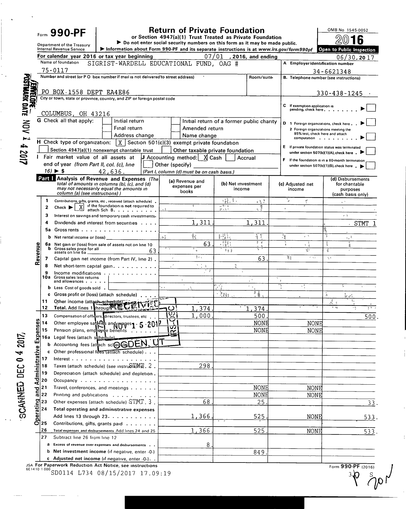 Image of first page of 2016 Form 990PF for Sigrist-Wardell Educational Fund Oag #