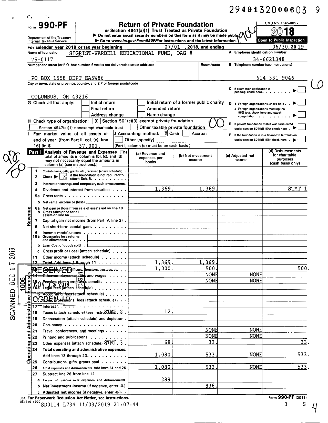 Image of first page of 2018 Form 990PF for Sigrist-Wardell Educational Fund Oag #