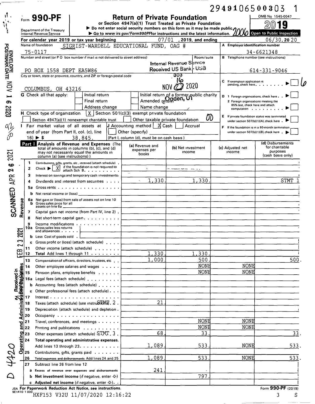 Image of first page of 2019 Form 990PF for Sigrist-Wardell Educational Fund Oag #