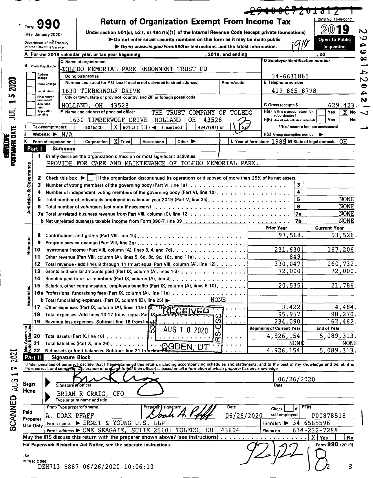 Image of first page of 2019 Form 990O for Toledo Memorial Park Endowment Trust Fund