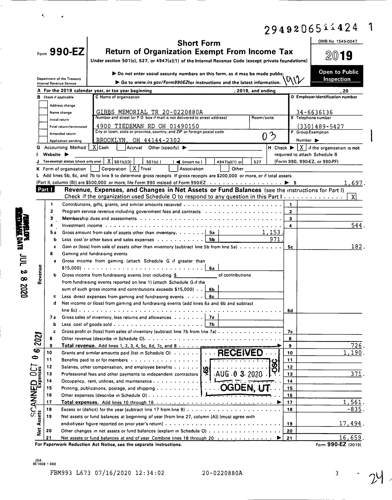 Image of first page of 2019 Form 990EZ for Gibbs Memorial Trust