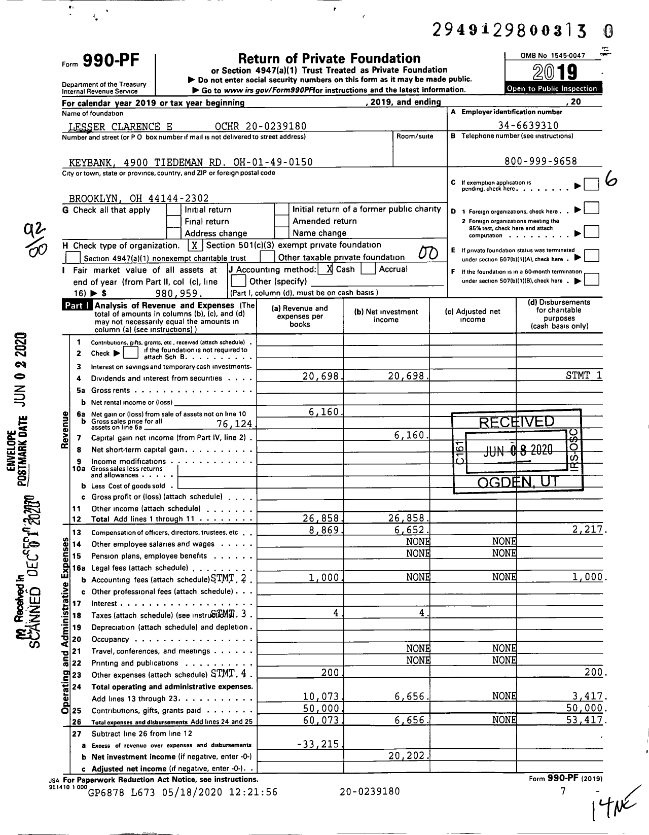 Image of first page of 2019 Form 990PF for Lesser Clarence E Ochr