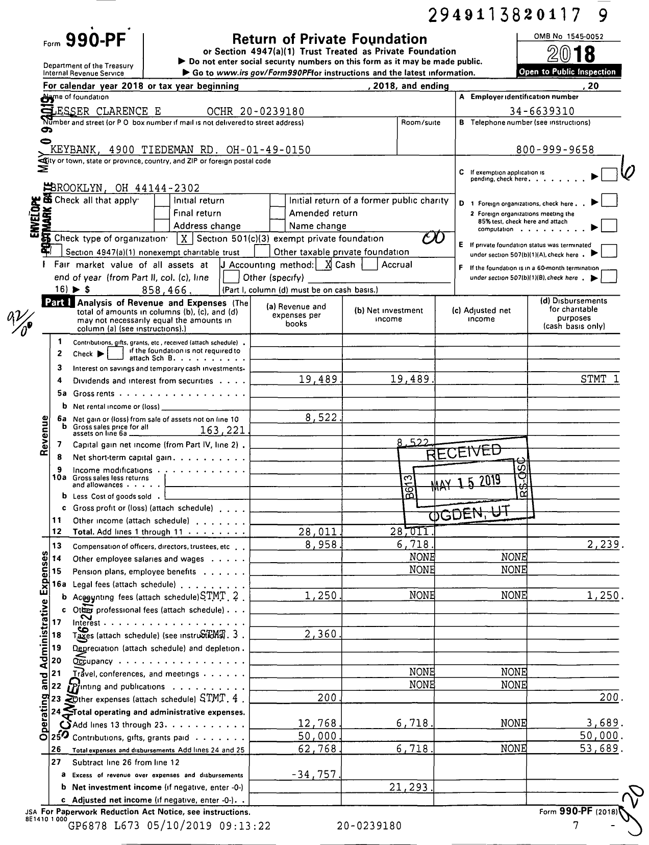 Image of first page of 2018 Form 990PF for Lesser Clarence E Ochr