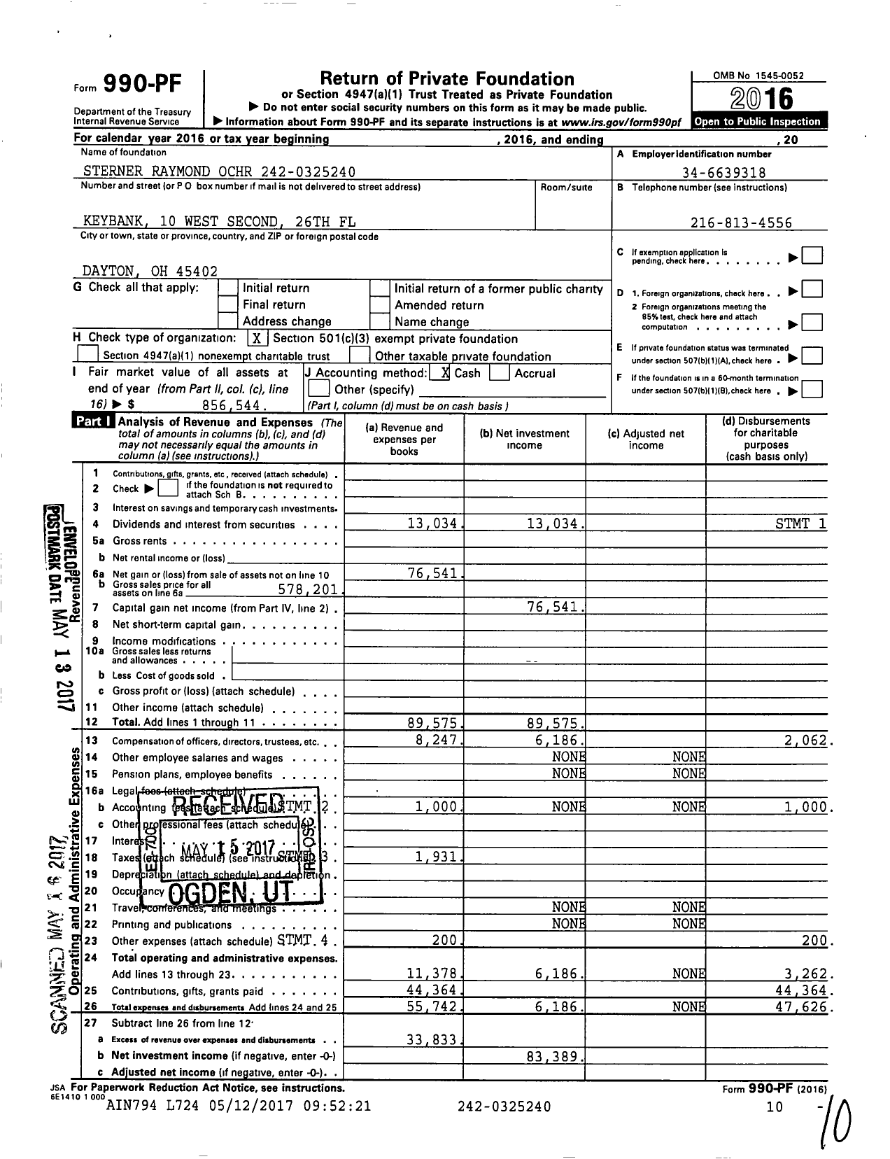 Image of first page of 2016 Form 990PF for Sterner Raymond Ochr