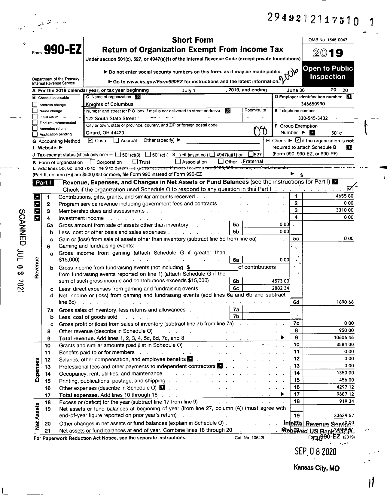 Image of first page of 2019 Form 990EO for Knights of Columbus - 2935 Girard Council