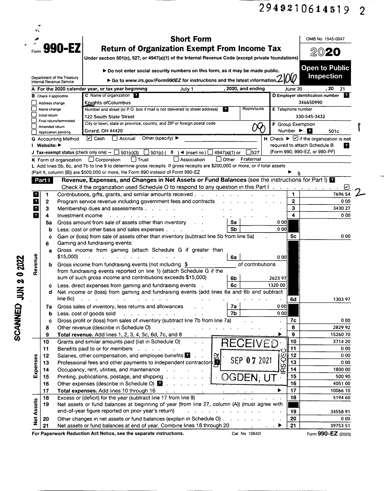 Image of first page of 2020 Form 990EO for Knights of Columbus - 2935 Girard Council