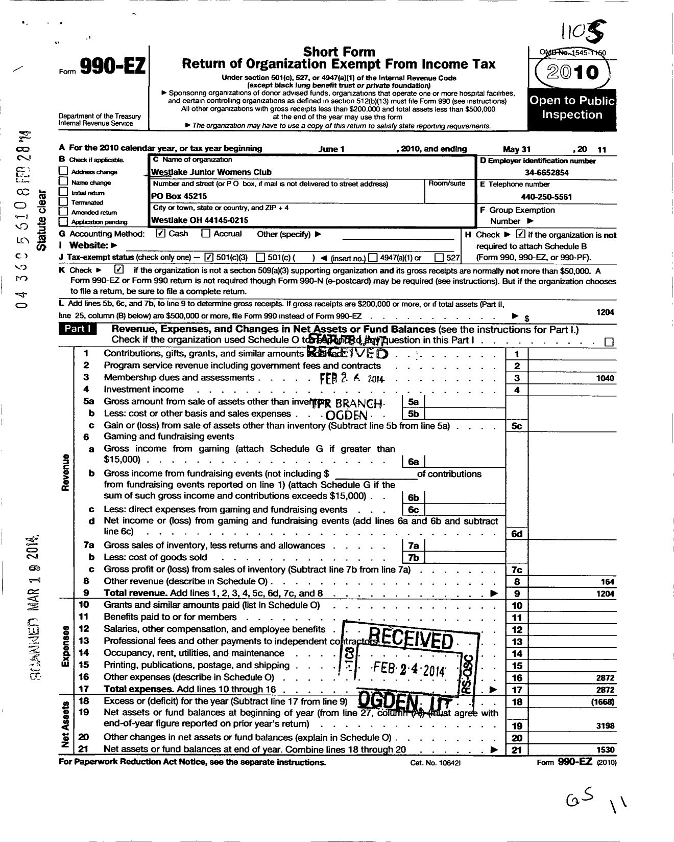 Image of first page of 2010 Form 990EZ for Westlake Junior Womens Club