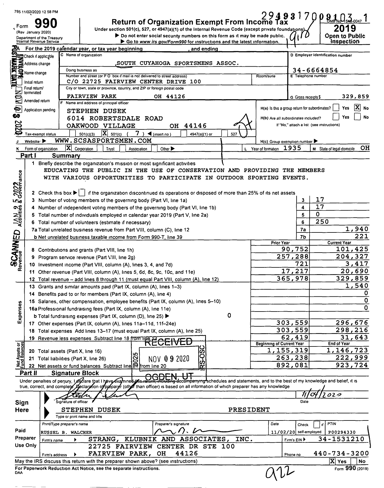 Image of first page of 2019 Form 990O for South Cuyahoga Sportsmens Association