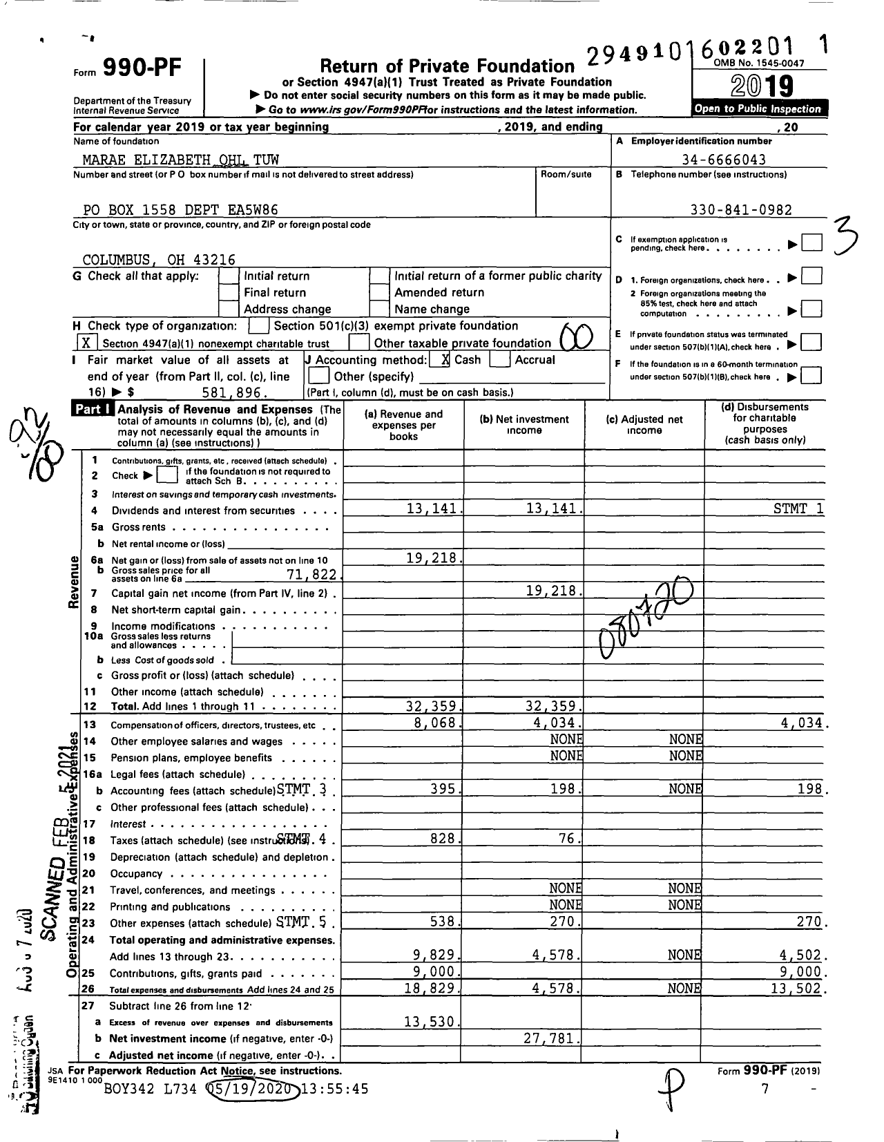 Image of first page of 2019 Form 990PF for Marae Elizabeth Ohl Tuw