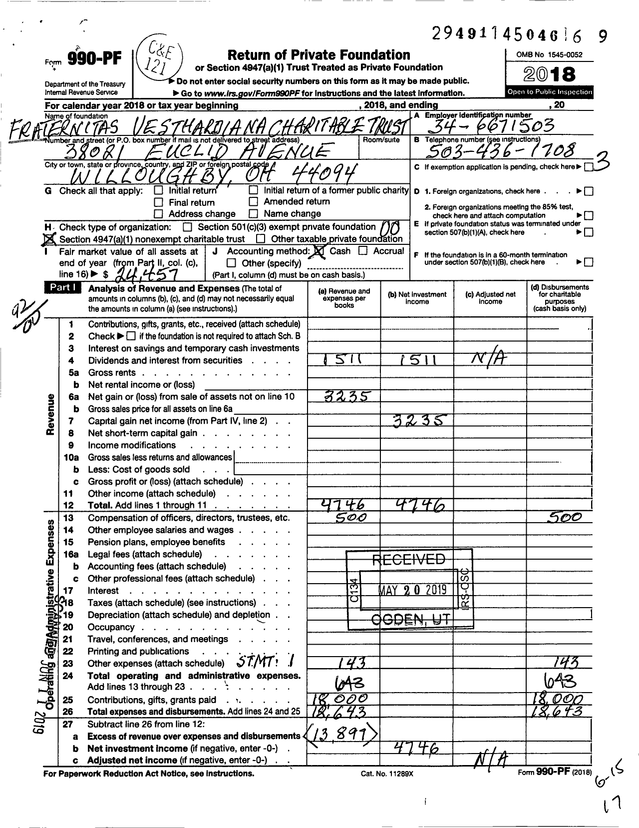 Image of first page of 2018 Form 990PF for Fraternitas Vesthardiana Charitable Trust