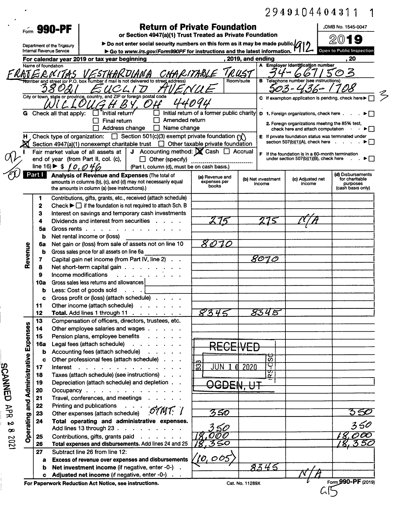 Image of first page of 2019 Form 990PF for Fraternitas Vesthardiana Charitable Trust