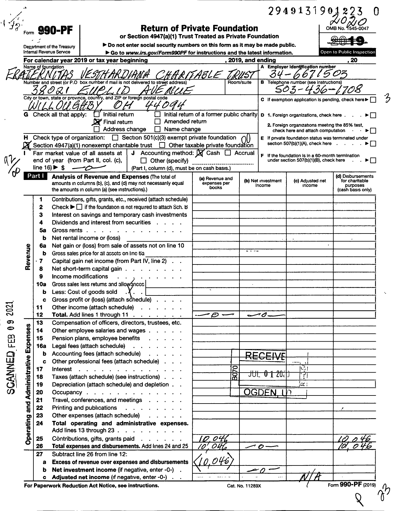 Image of first page of 2020 Form 990PF for Fraternitas Vesthardiana Charitable Trust