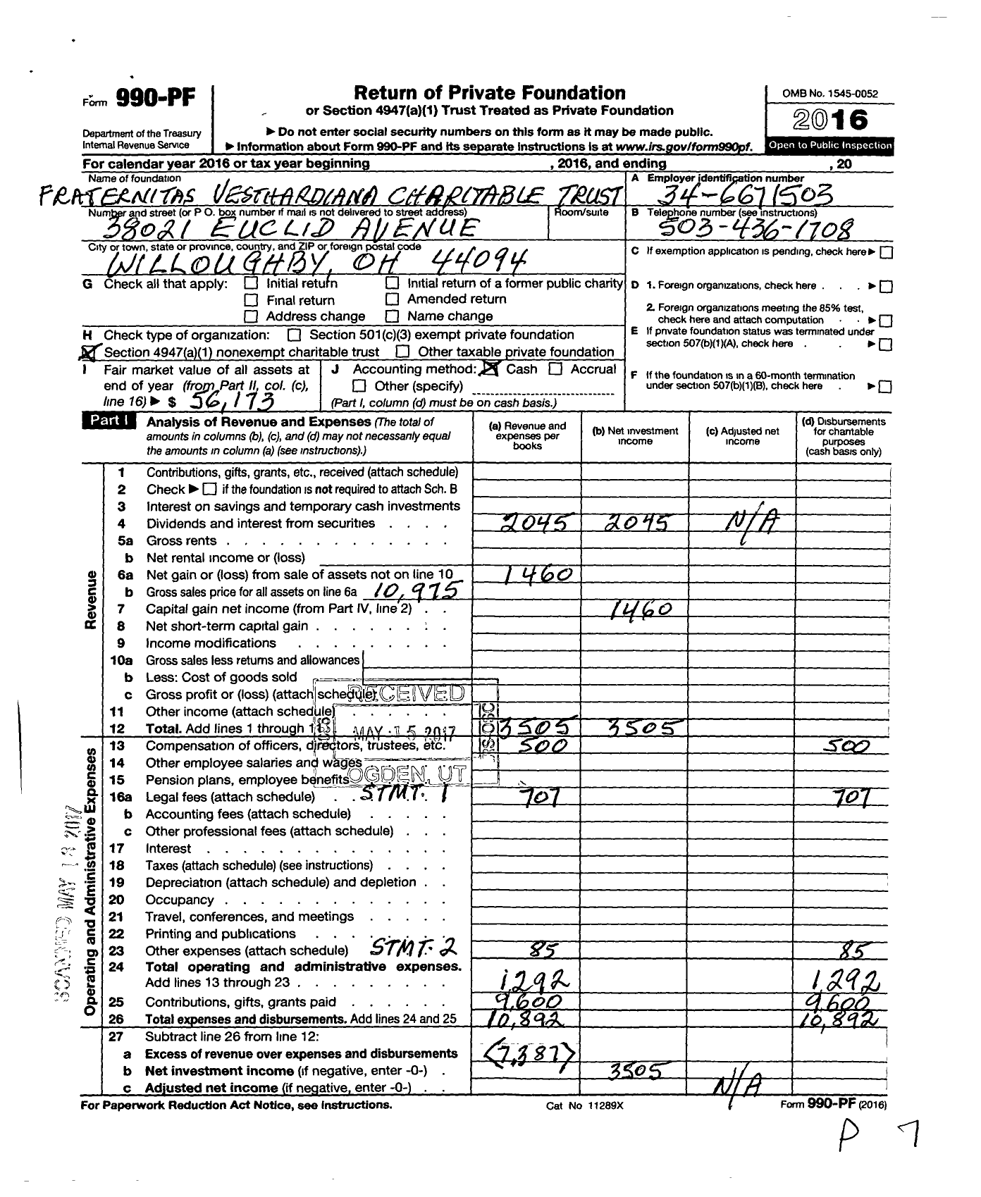 Image of first page of 2016 Form 990PF for Fraternitas Vesthardiana Charitable Trust