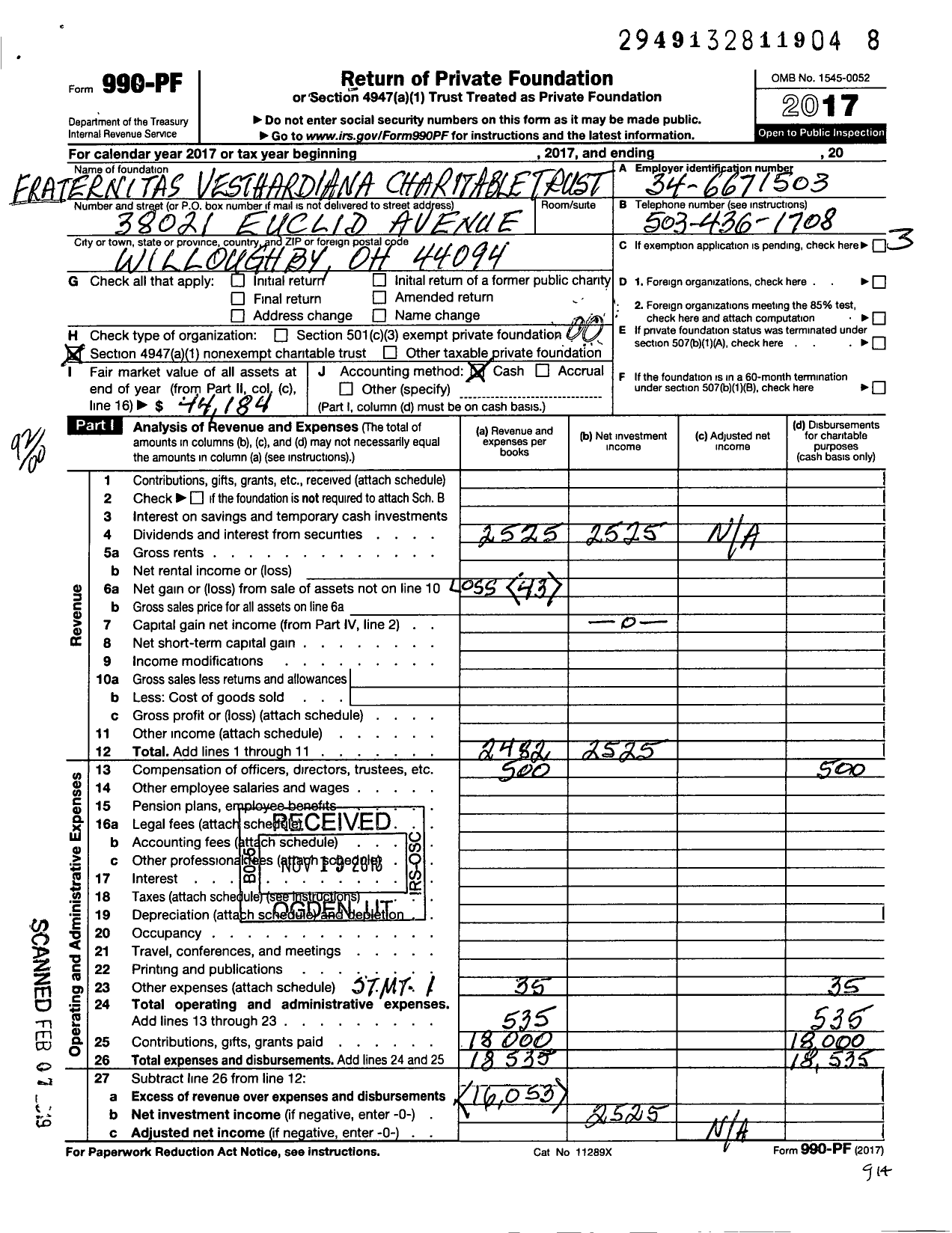 Image of first page of 2017 Form 990PF for Fraternitas Vesthardiana Charitable Trust