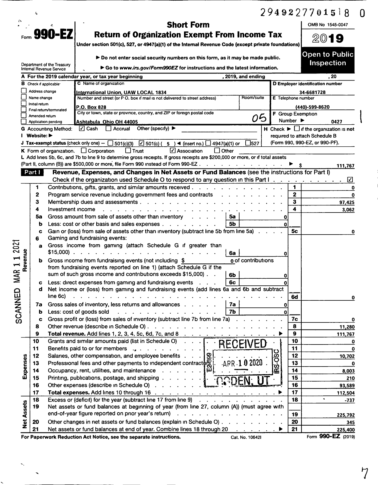 Image of first page of 2019 Form 990EO for UAW - 1834 UAW Local