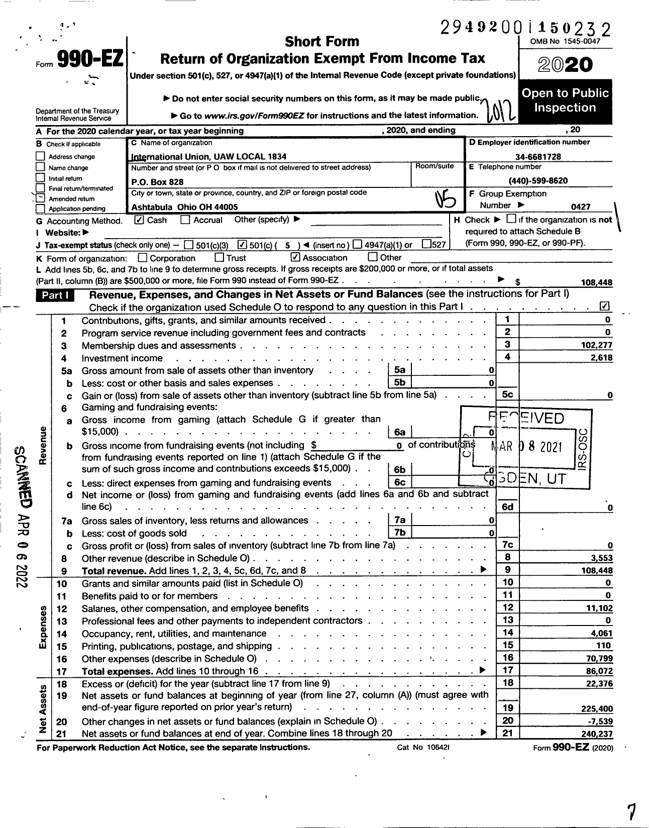 Image of first page of 2020 Form 990EO for UAW - 1834 UAW Local