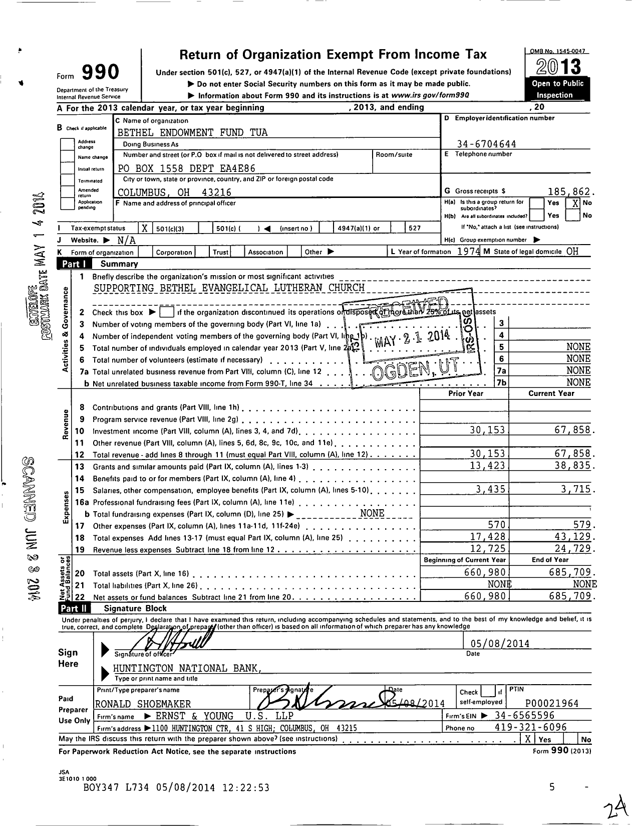 Image of first page of 2013 Form 990 for Bethel Endowment Fund Tua