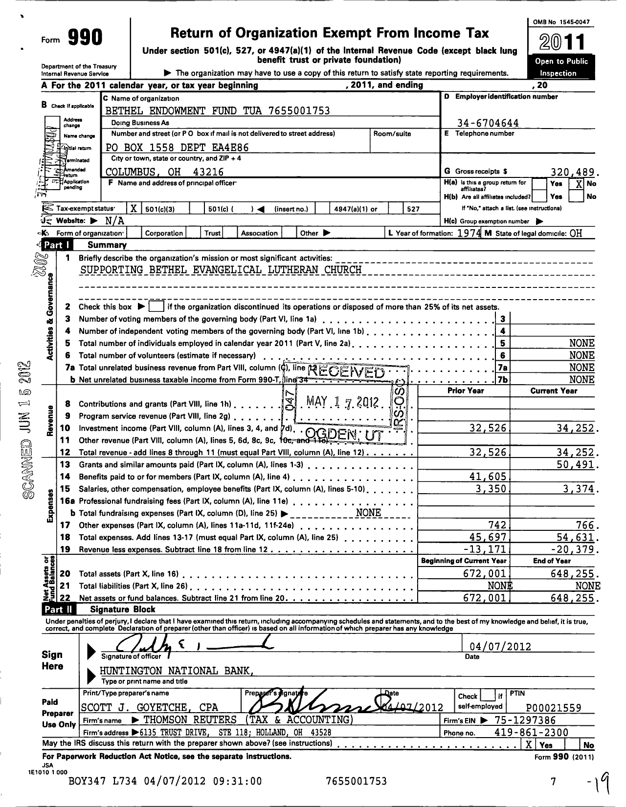 Image of first page of 2011 Form 990 for Bethel Endowment Fund Tua