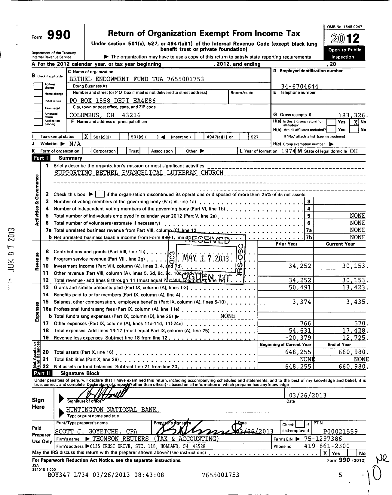 Image of first page of 2012 Form 990 for Bethel Endowment Fund Tua