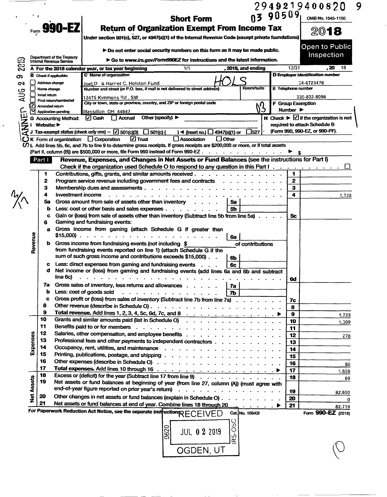 Image of first page of 2018 Form 990EZ for Joel D and Harriet C Holston Fund