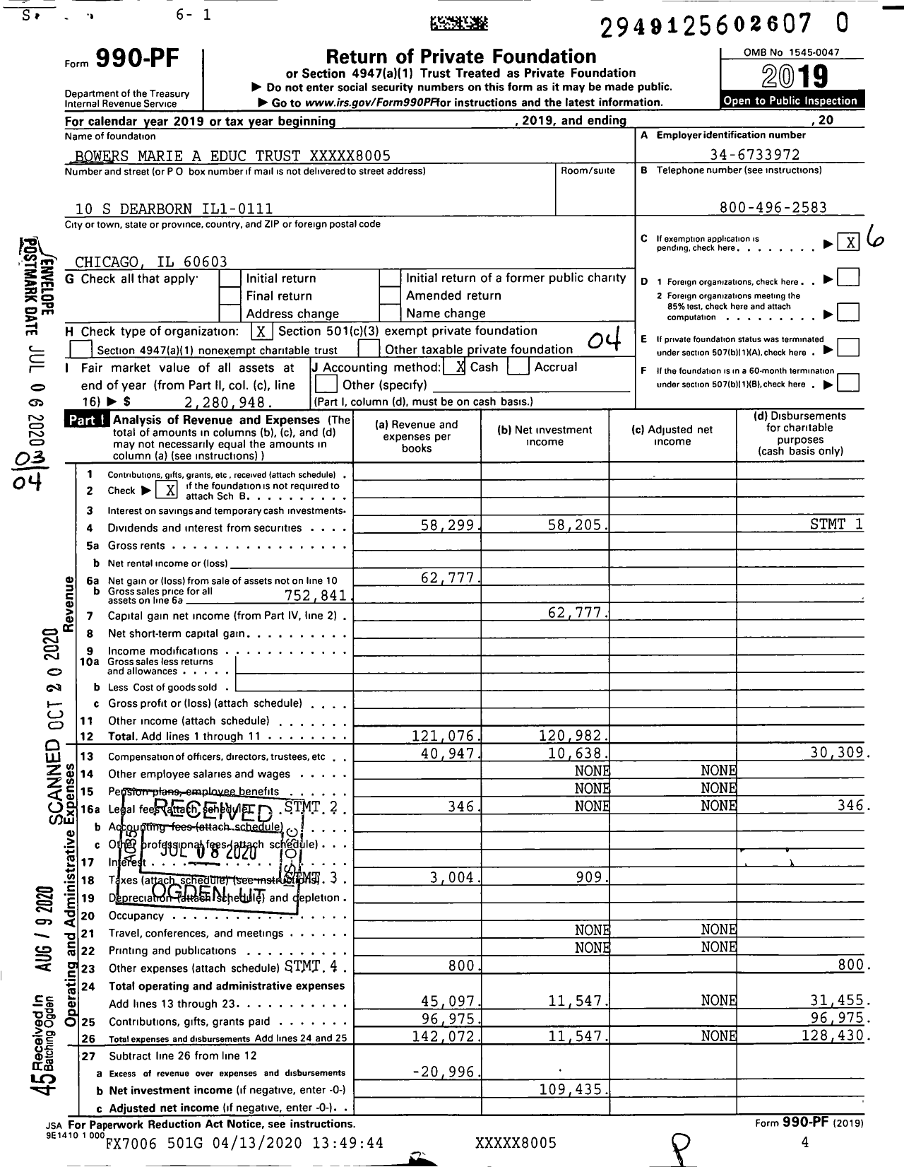 Image of first page of 2019 Form 990PR for Bowers Marie A Educ Trust XXXXX8005