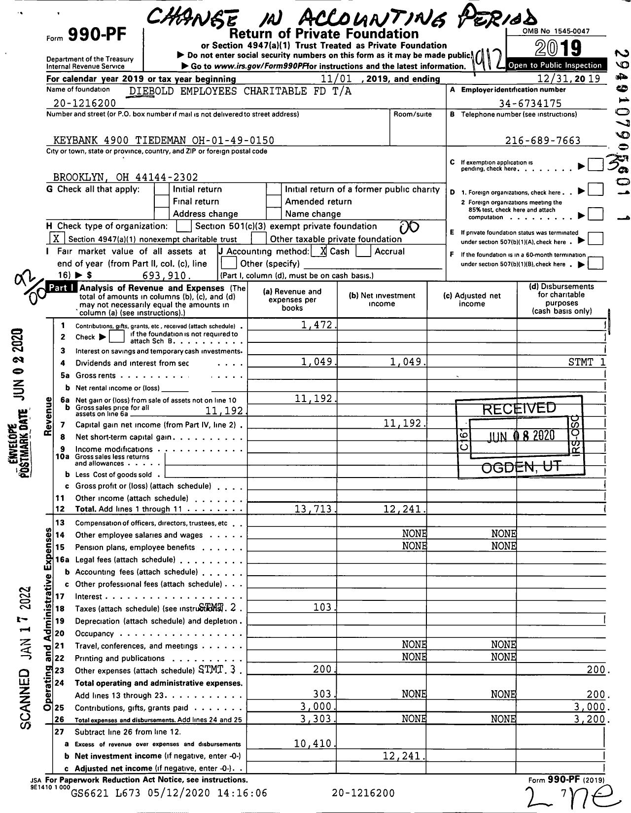 Image of first page of 2019 Form 990PF for Diebold Employees Charitable FD Ta