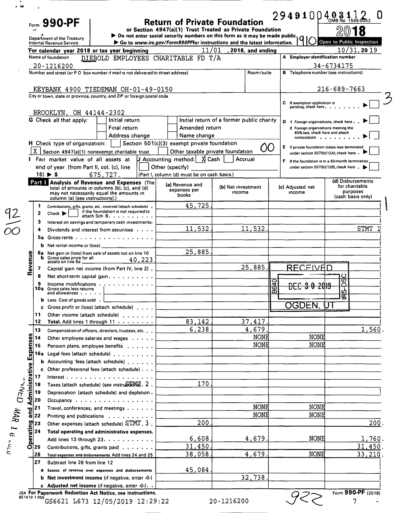 Image of first page of 2018 Form 990PR for Diebold Employees Charitable FD Ta