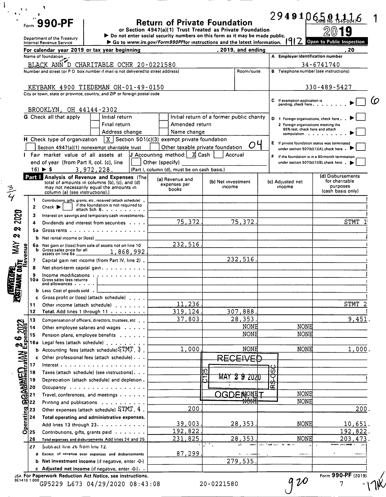 Image of first page of 2019 Form 990PF for Black Ann D Charitable Ochr