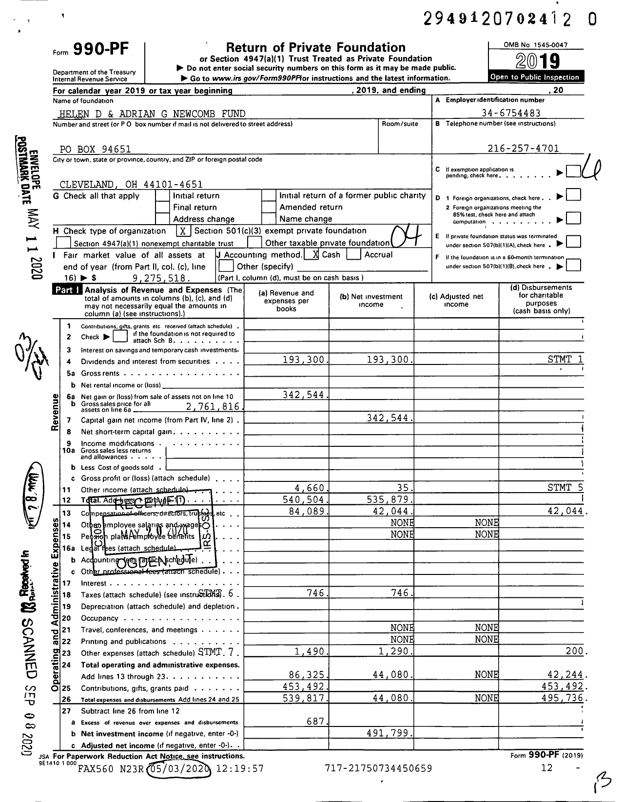 Image of first page of 2019 Form 990PR for Helen D and Adrian G Newcomb Fund