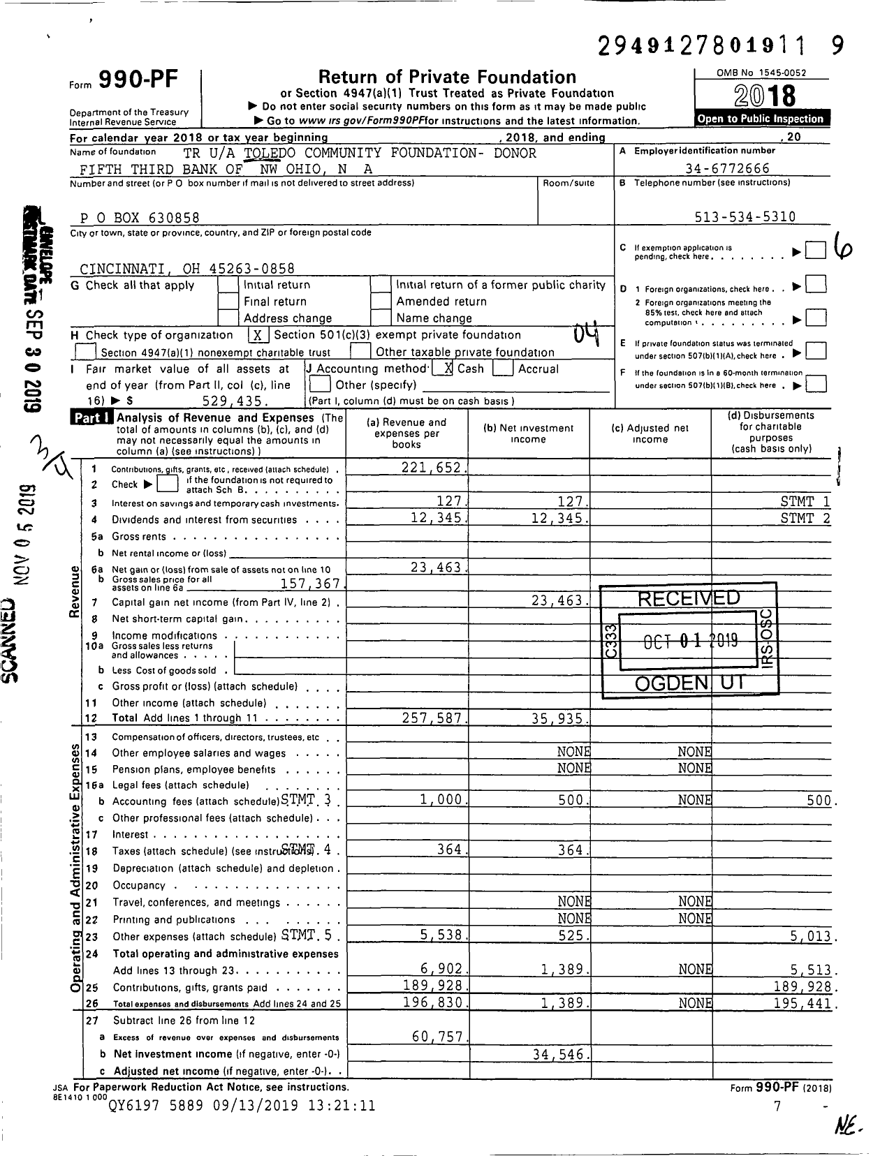 Image of first page of 2018 Form 990PF for TR Toledo Community Foundation- Donor