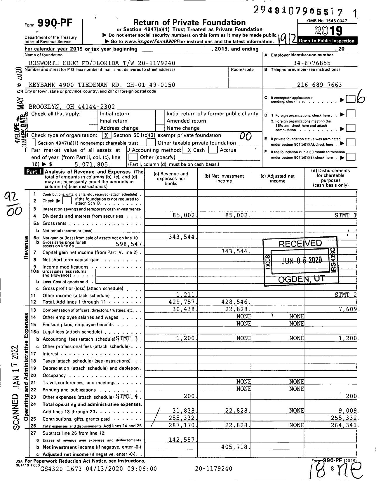 Image of first page of 2019 Form 990PF for Bosworth Educ Fdflorida TW