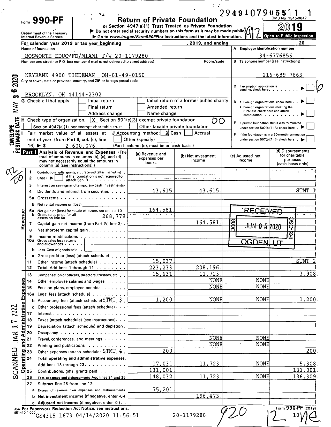 Image of first page of 2019 Form 990PF for Bosworth Educ Fdmiami TW