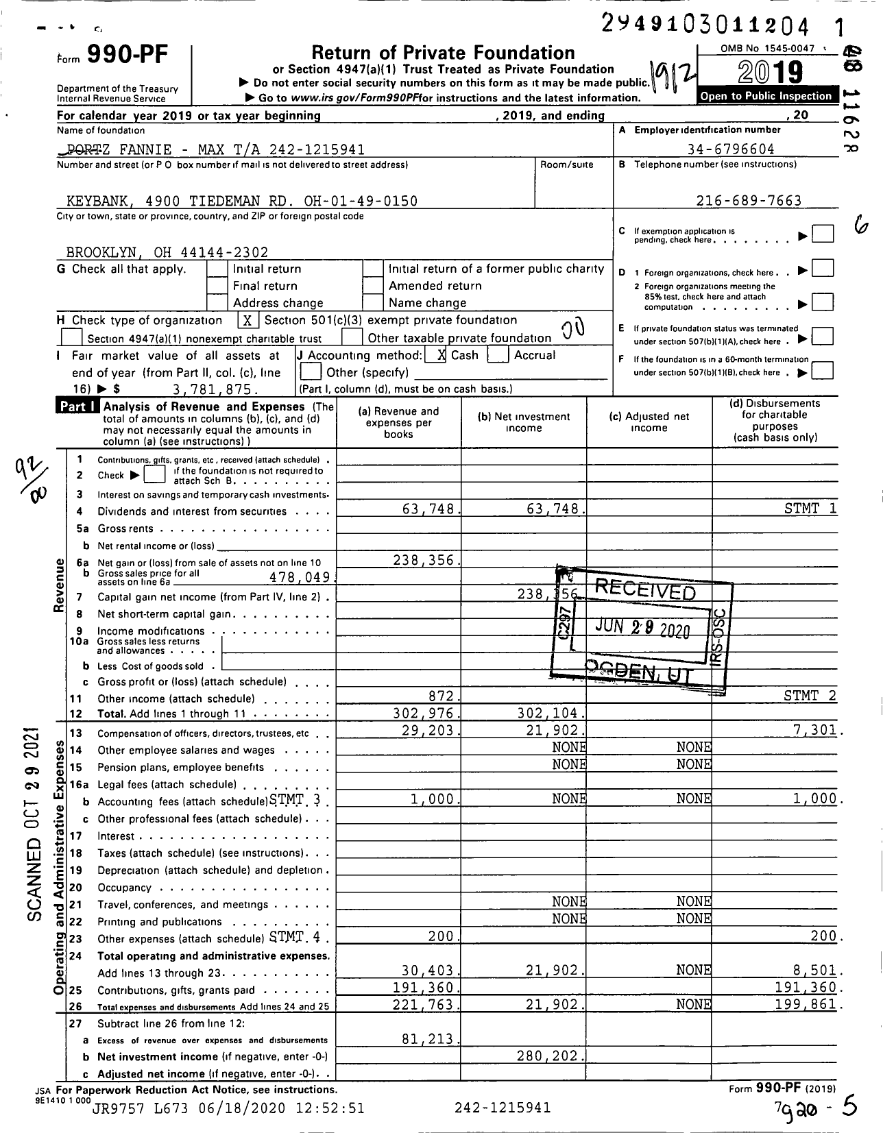 Image of first page of 2019 Form 990PF for Portz Fannie - Max Ta