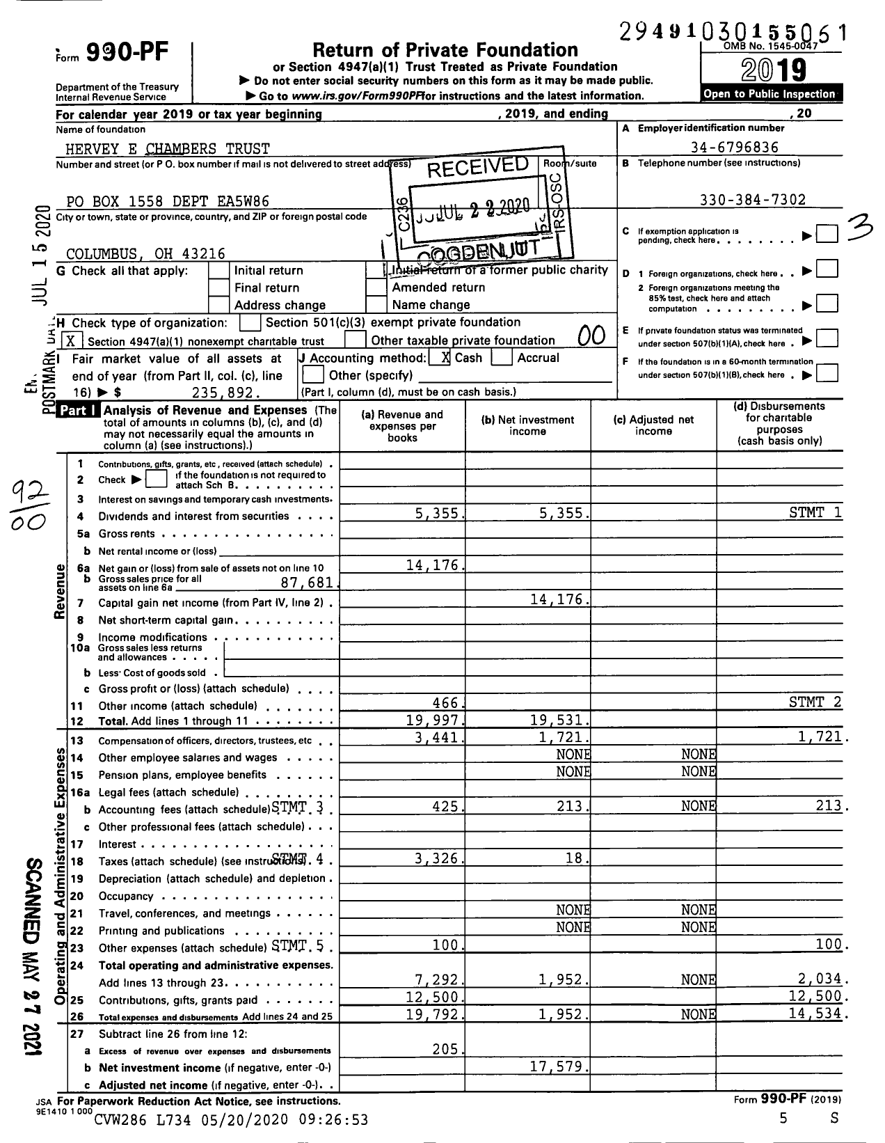 Image of first page of 2019 Form 990PF for Hervey E Chambers Trust