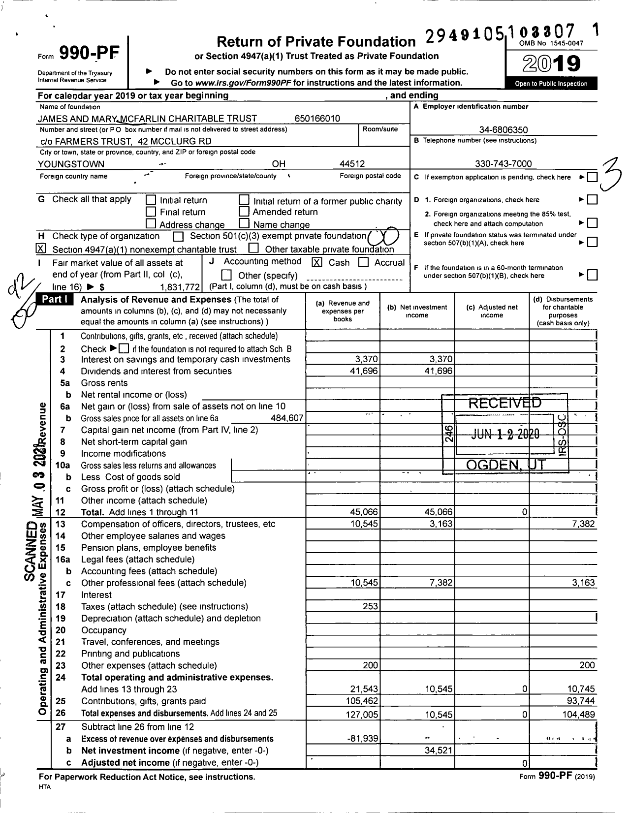 Image of first page of 2019 Form 990PF for Mcfarlin James and Mary Charity Trust XXX-XX-XXXX