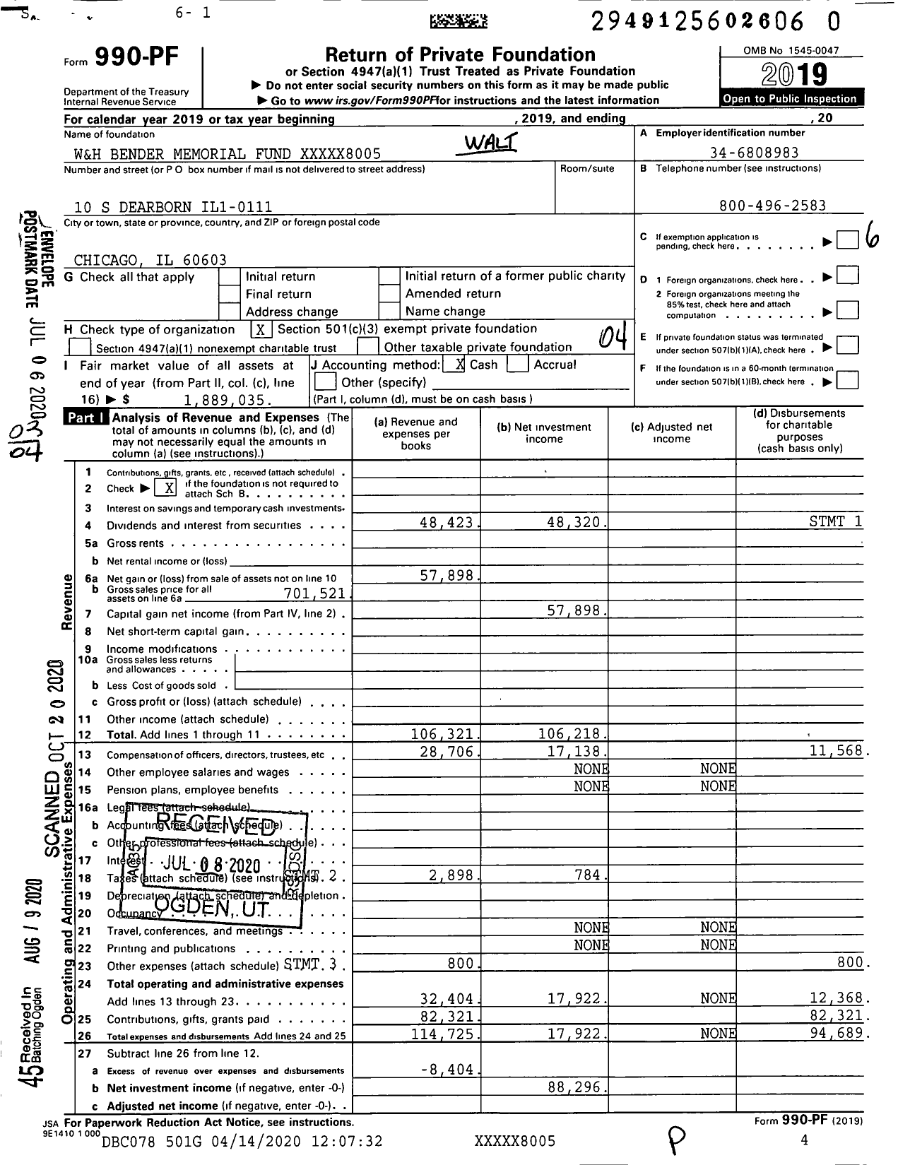 Image of first page of 2019 Form 990PR for W&H Bender Memorial Fund XXXXX8005