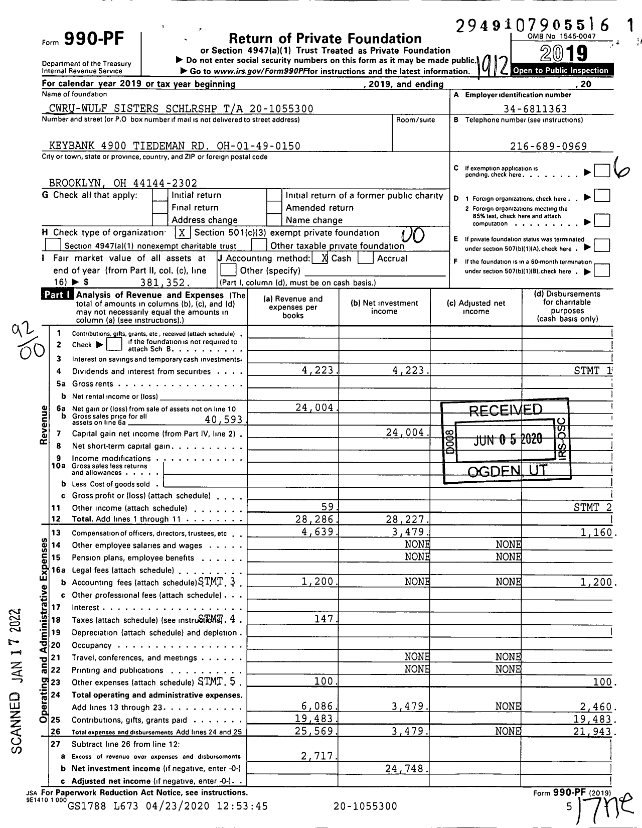 Image of first page of 2019 Form 990PF for Cwru-Wulf Sisters SCHLRSHP Ta