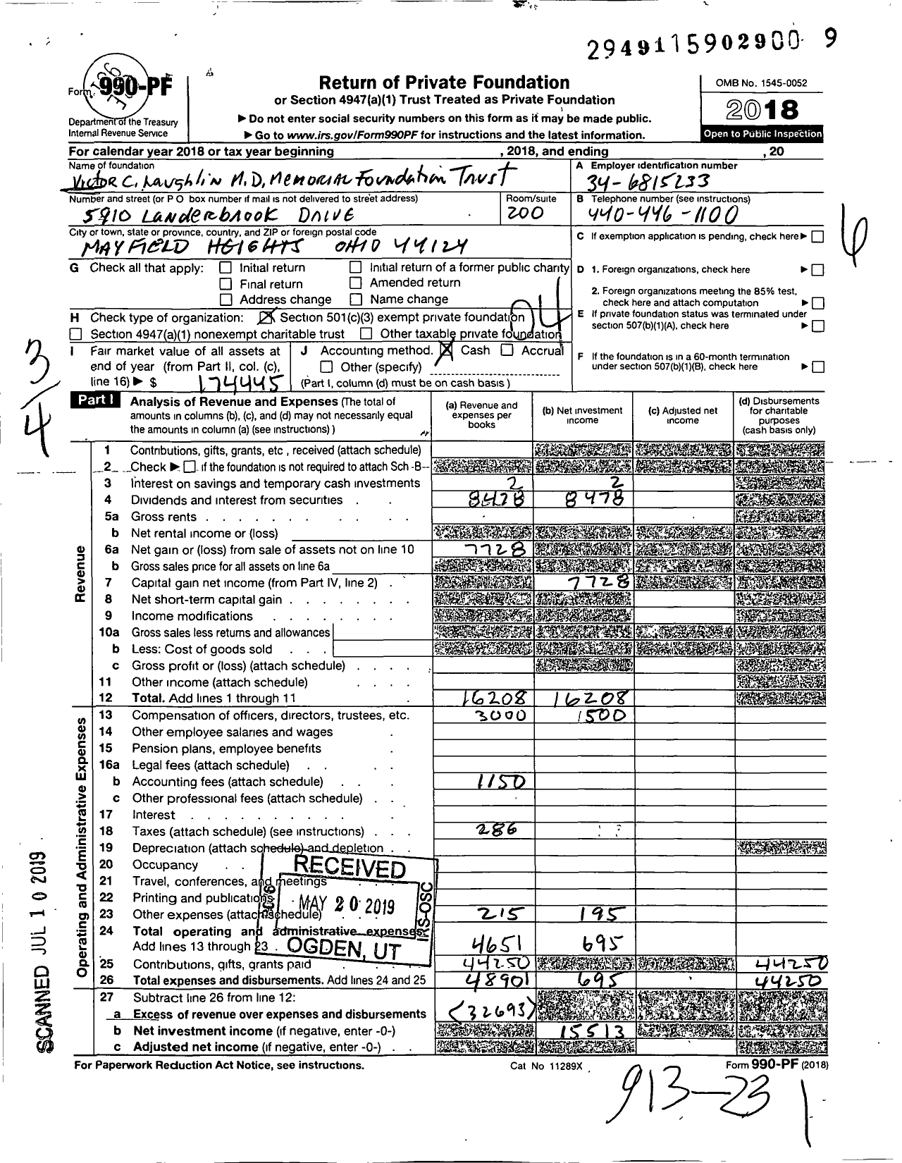 Image of first page of 2018 Form 990PF for Victor C Laughlin Memorial Foundation Trust