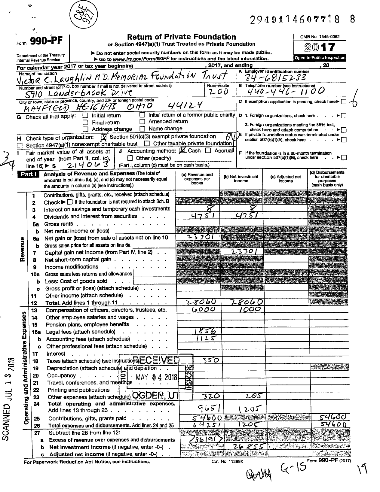Image of first page of 2017 Form 990PF for Victor C Laughlin Memorial Foundation Trust