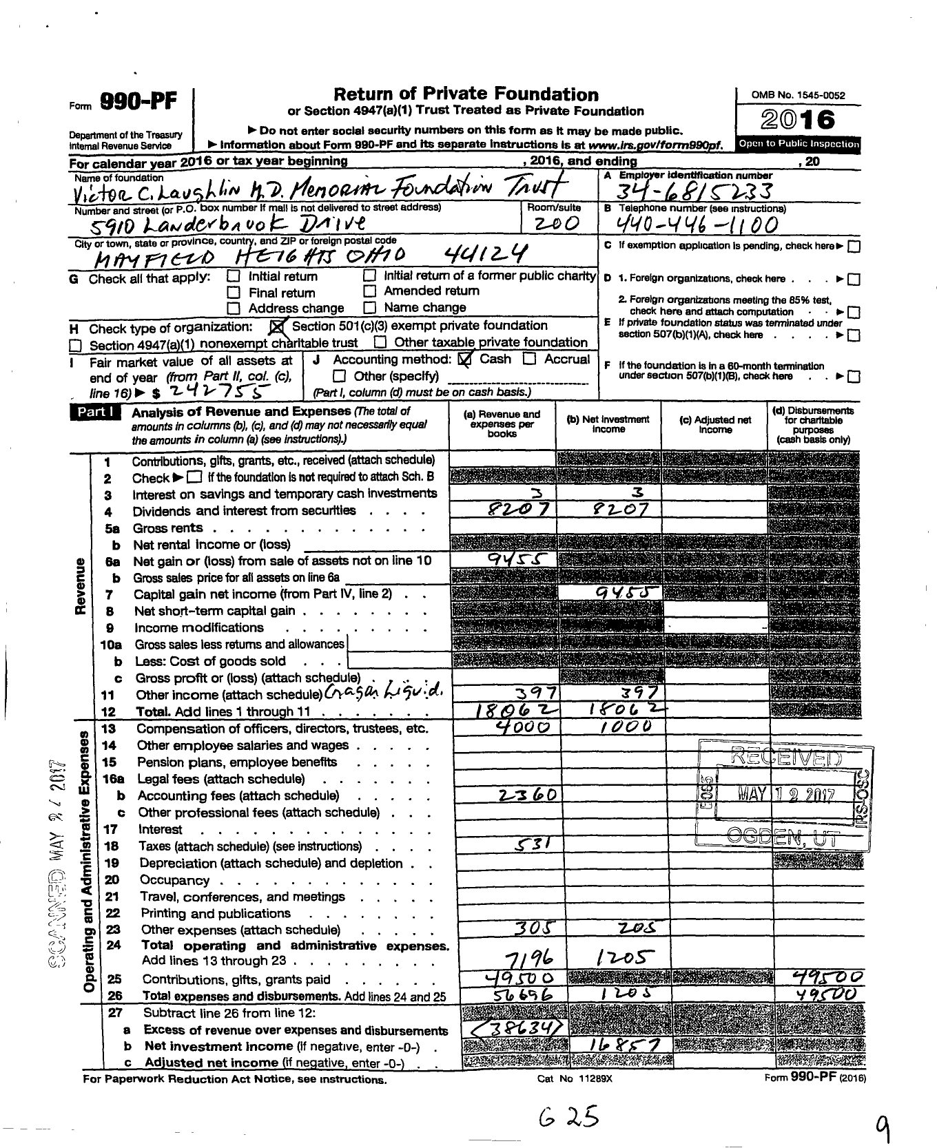 Image of first page of 2016 Form 990PF for Victor C Laughlin Memorial Foundation Trust