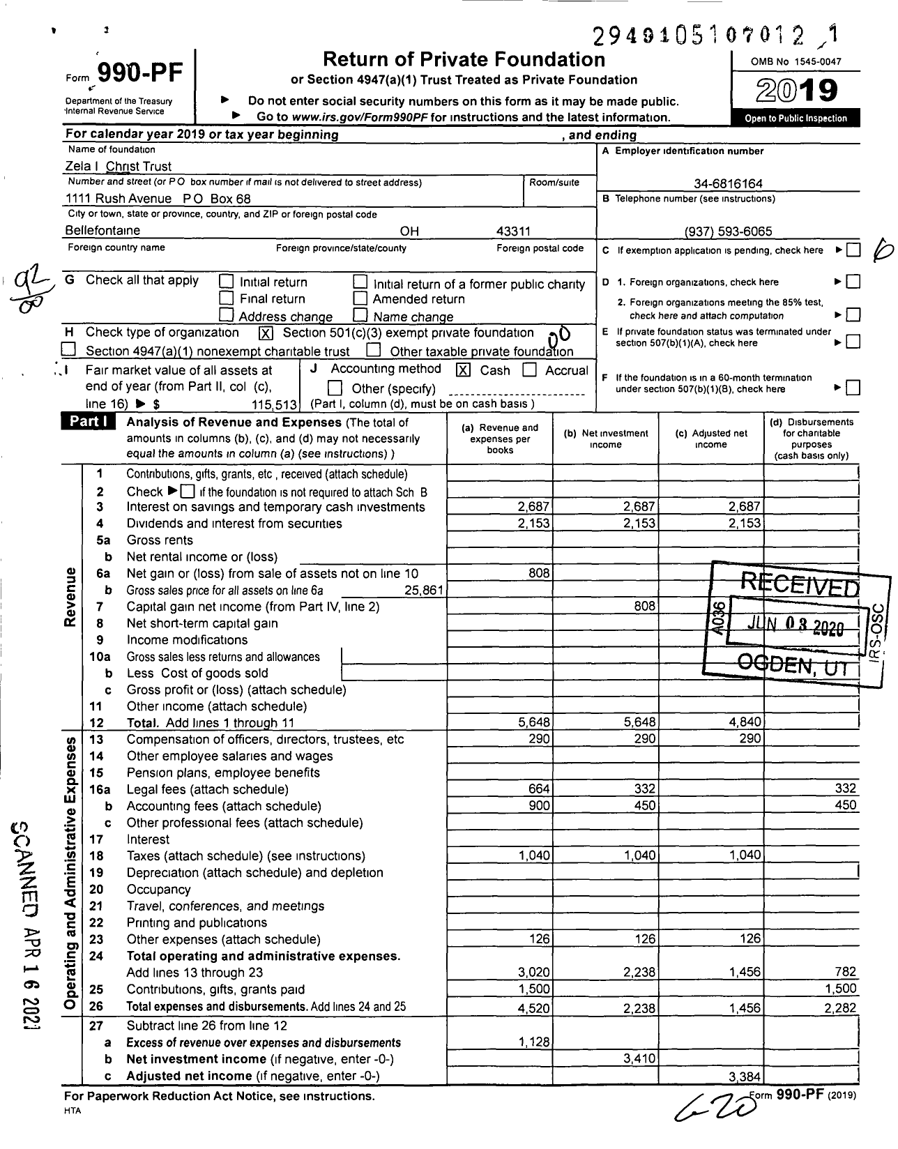 Image of first page of 2019 Form 990PF for Zela I Christ Trust