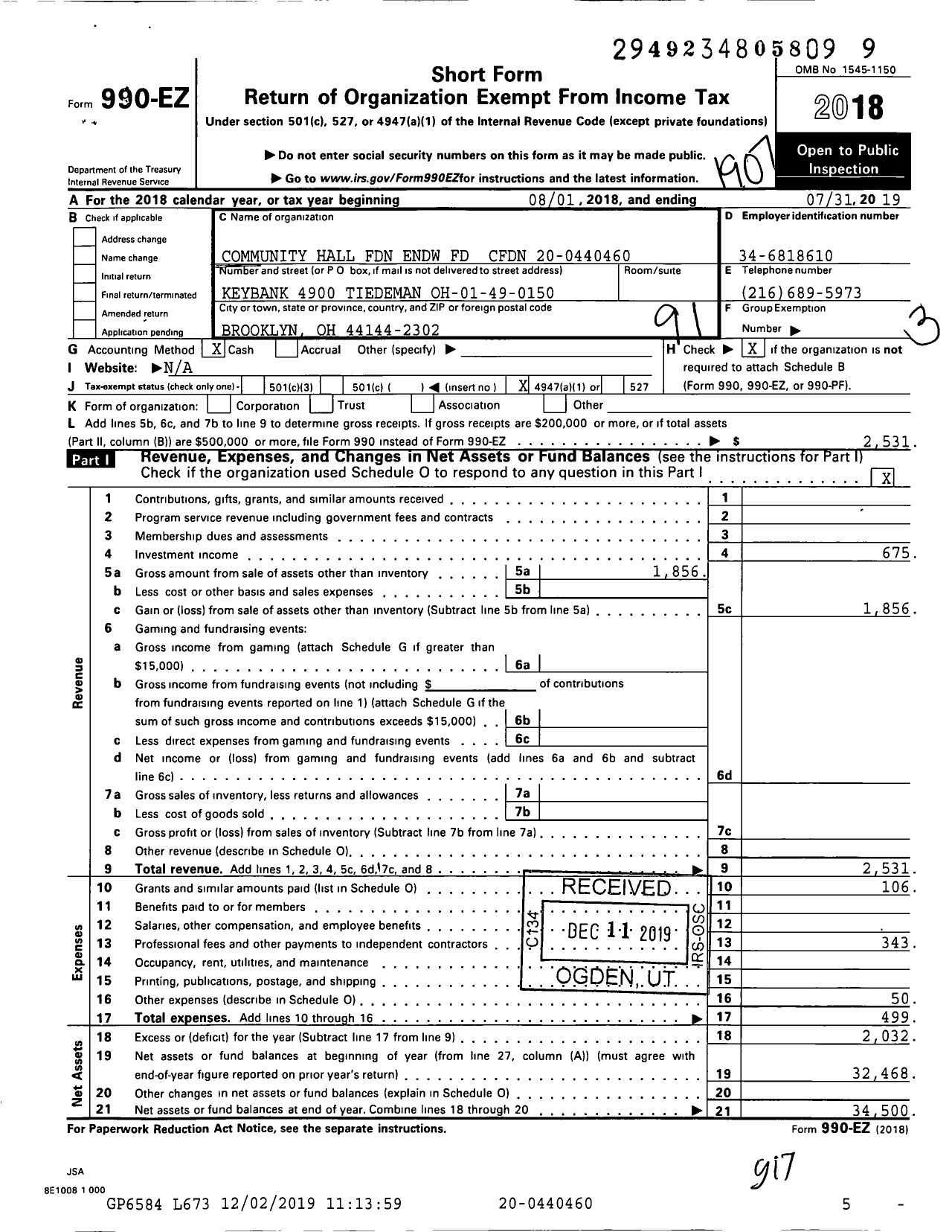 Image of first page of 2018 Form 990EO for Community Hall Foundation Endw FD CFDN