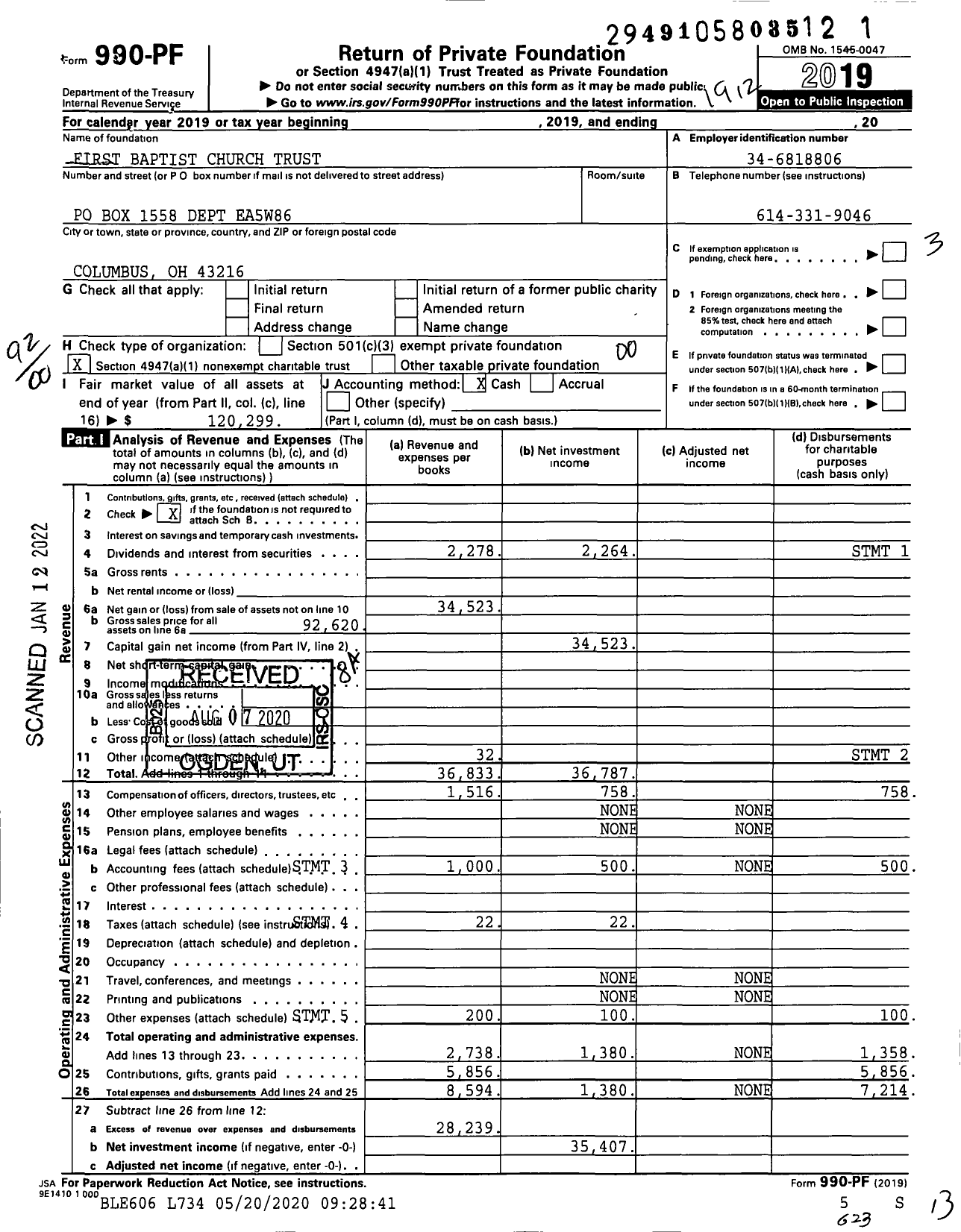 Image of first page of 2019 Form 990PF for First Baptist Church Trust